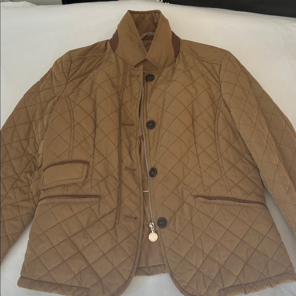 Massimo Dutti caramel tan Quilted Jacket with leather trim XL see measurements